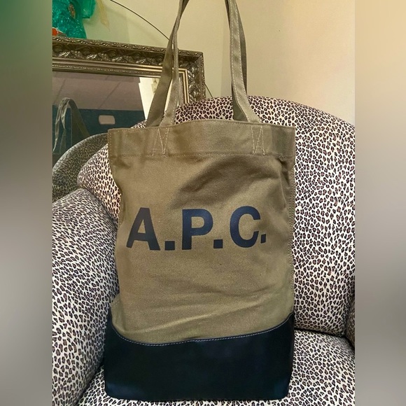 A.P.C. AXELLE LEATHER & CANVAS TOTE- OLIVE/BLACK- UNISEX NWOT- Badass! - Picture 2 of 13